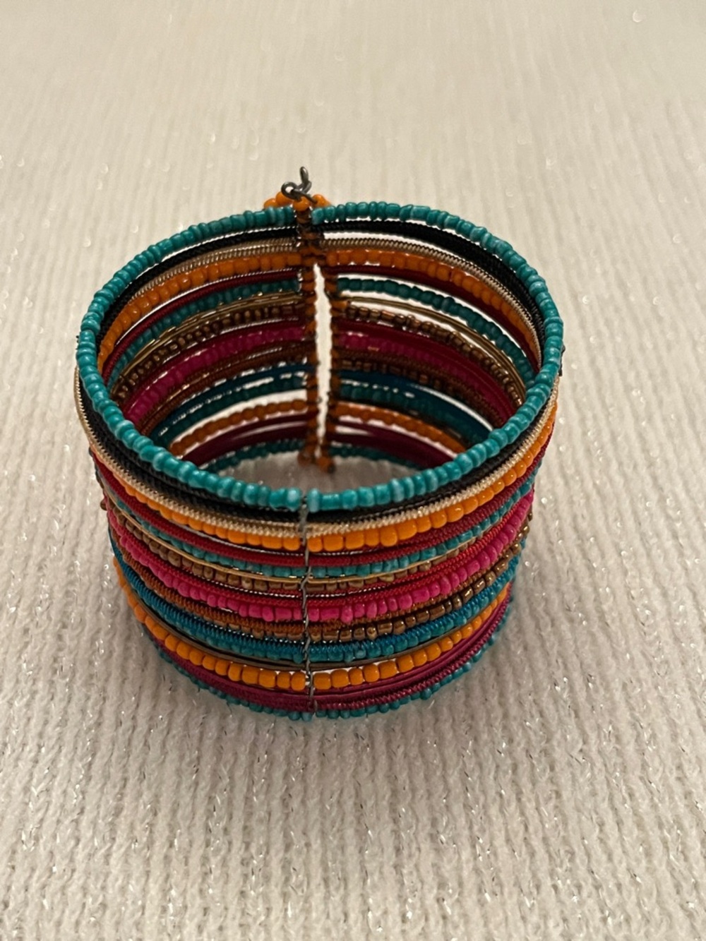 Colorful Multi-Row Beaded Cuff Bracelet - Teal, Pink & Orange